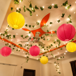 Lanterns with Artificial Leaf Decoration | Paper Lantern & Fairy Light Decoration