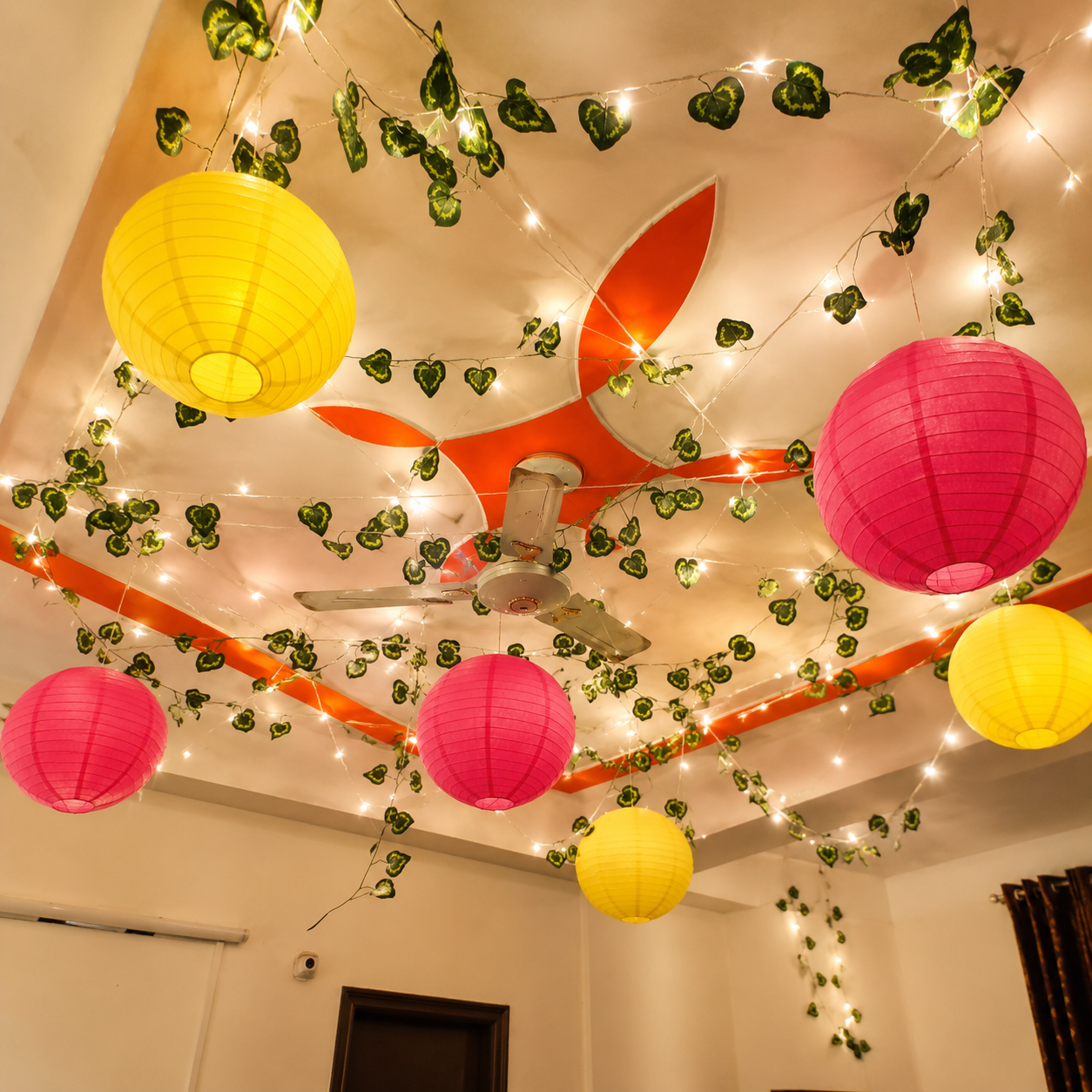Lanterns with Artificial Leaf Decoration | Paper Lantern & Fairy Light Decoration