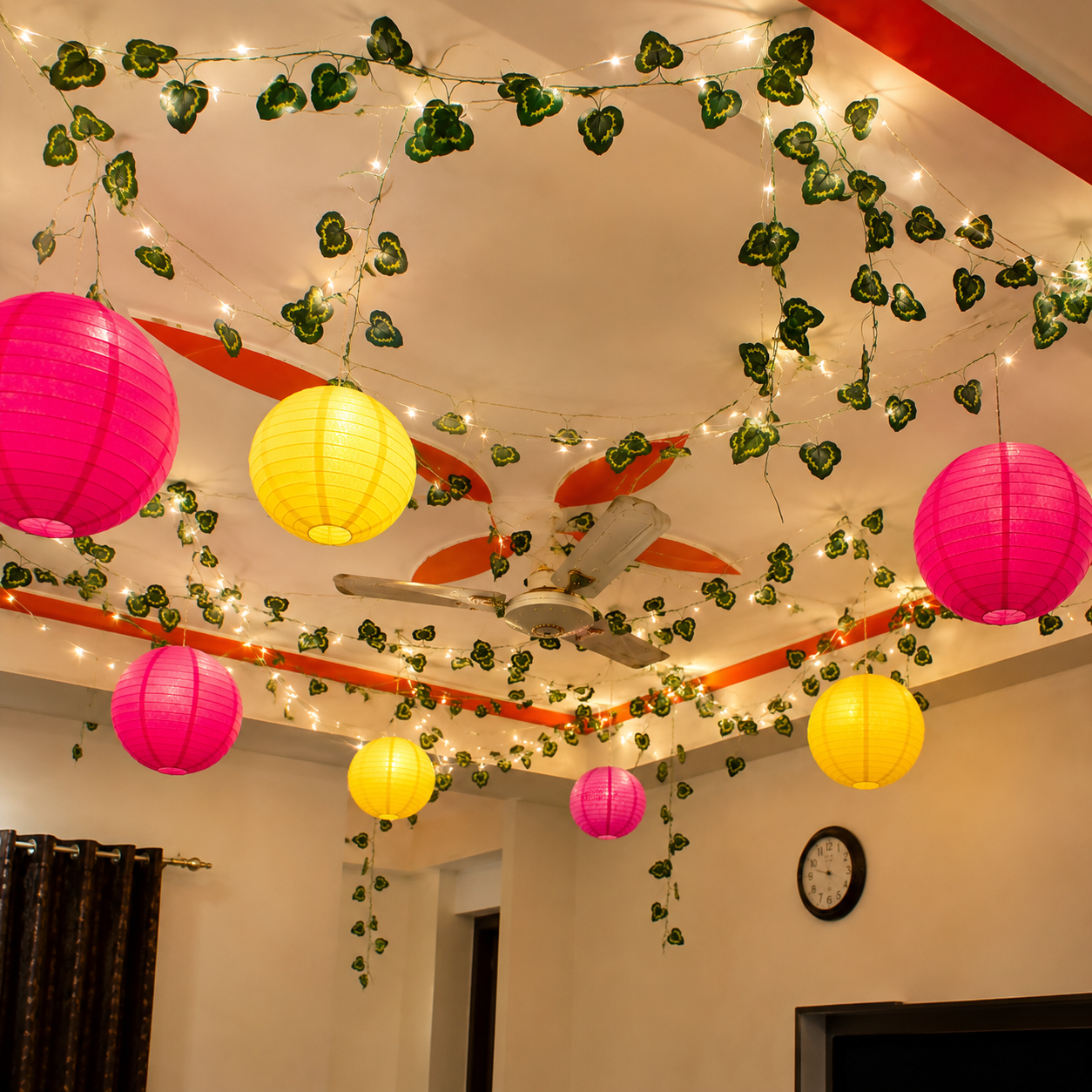 Lanterns with Artificial Leaf Decoration | Paper Lantern & Fairy Light Decoration - Image 2